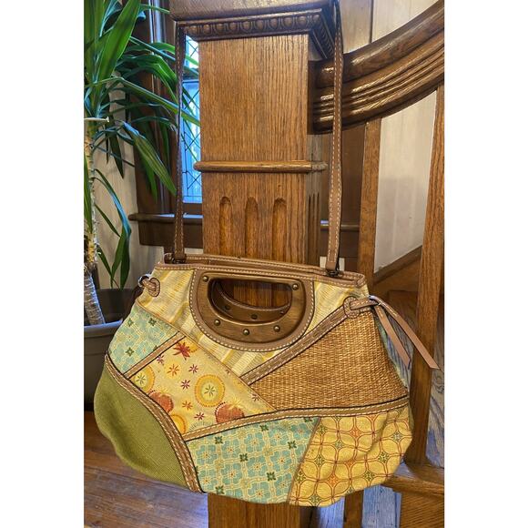 Fossil Patchwork Purse Canvas Rattan Wood Handle Detachable Leather Strap Pocket - Picture 2 of 11